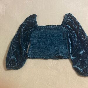 Anthropologie  blue velvet shirt, long sleeve, body of shirt ruched, size M